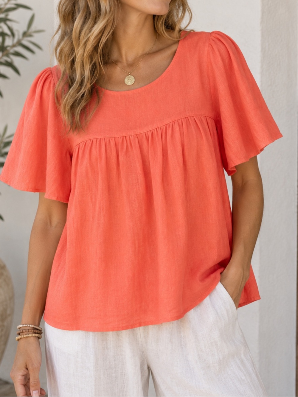 United Colors Of Benetton Linen Coral Flutter Sleeve Babydoll Top